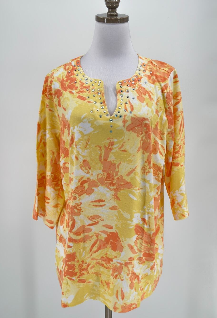Quacker Factory Yellow Floral Watercolor Split V Neck 3/4 Sleeve Top Sz 1X NEW